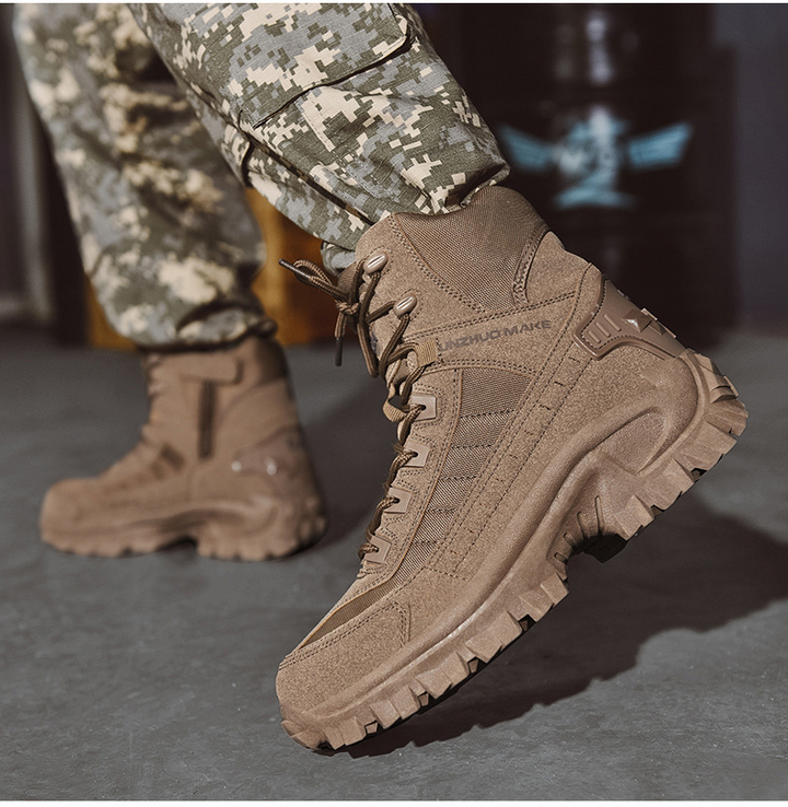 Brown suede-and-fabric high-top boots worn with gray digital camouflage pants, one boot lifted mid-step 6