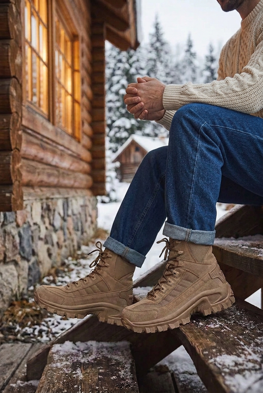 Man in cream knit sweater and jeans sits on snowy cabin steps wearing tan lace-up boots 1