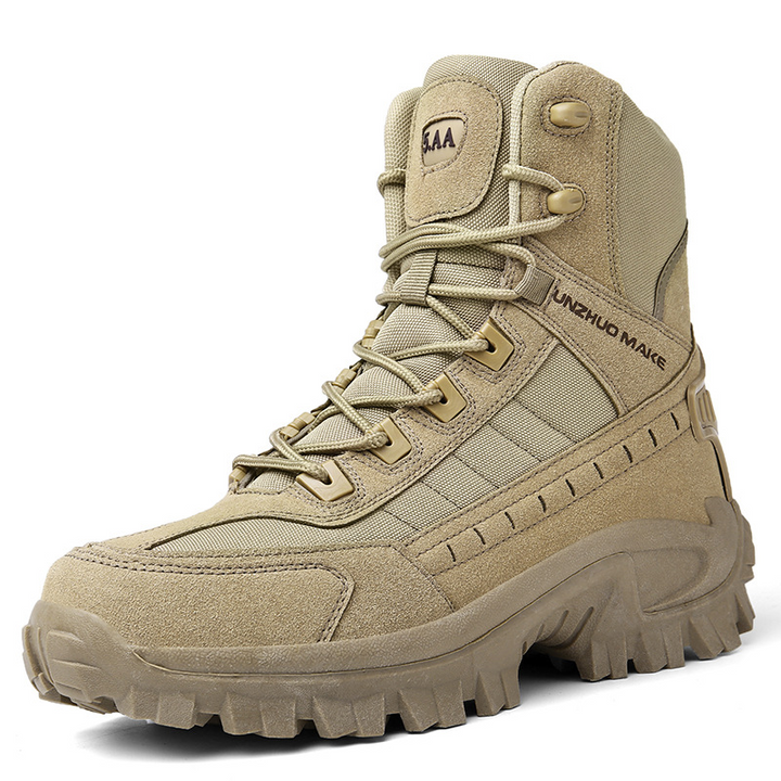 Single tan high-top boot in side-angle view on white, showing suede panels, stitching and laces 10