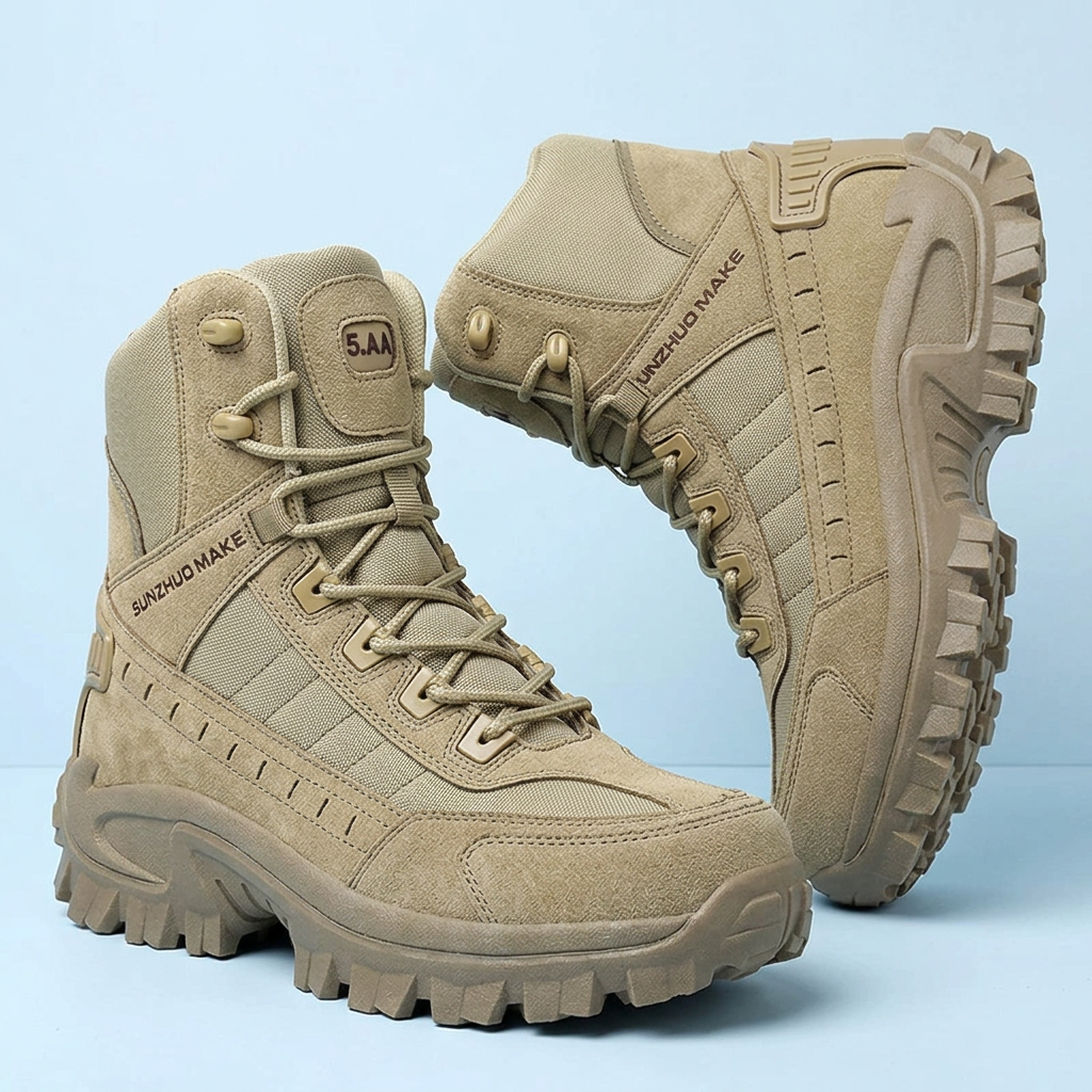 Pair of sand-colored high-top boots against a light blue backdrop, one upright and one angled to show the side 24