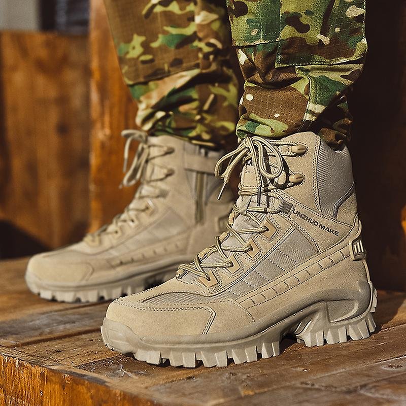 Sand-colored lace-up boots with side zipper, worn with camo pants while standing on a wooden platform 2