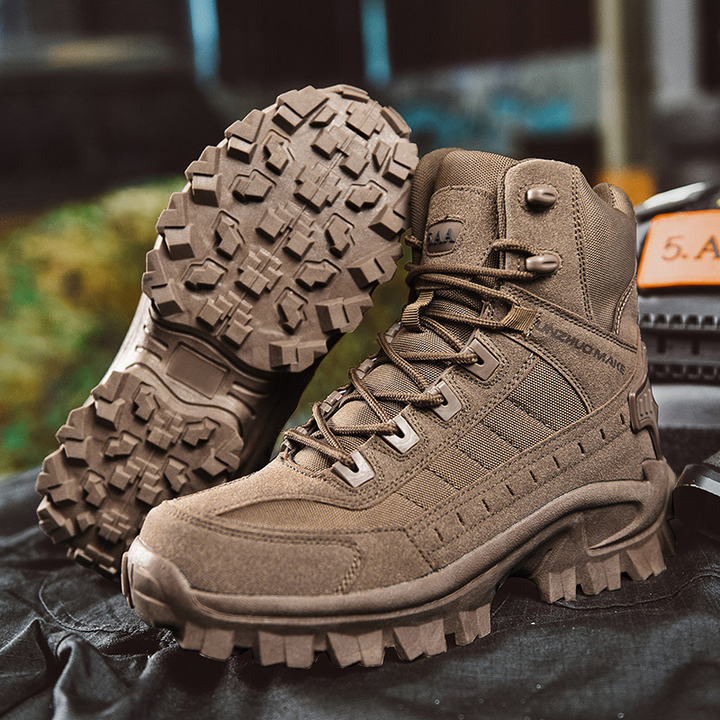 Brown boots with one turned sideways to show the deep lugged sole, resting on dark fabric 7