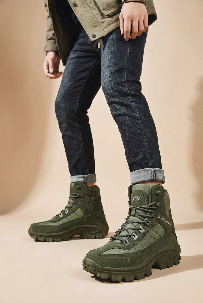 Olive green high-top lace-up boots with chunky lug soles worn by a model in dark jeans and a khaki jacket 1