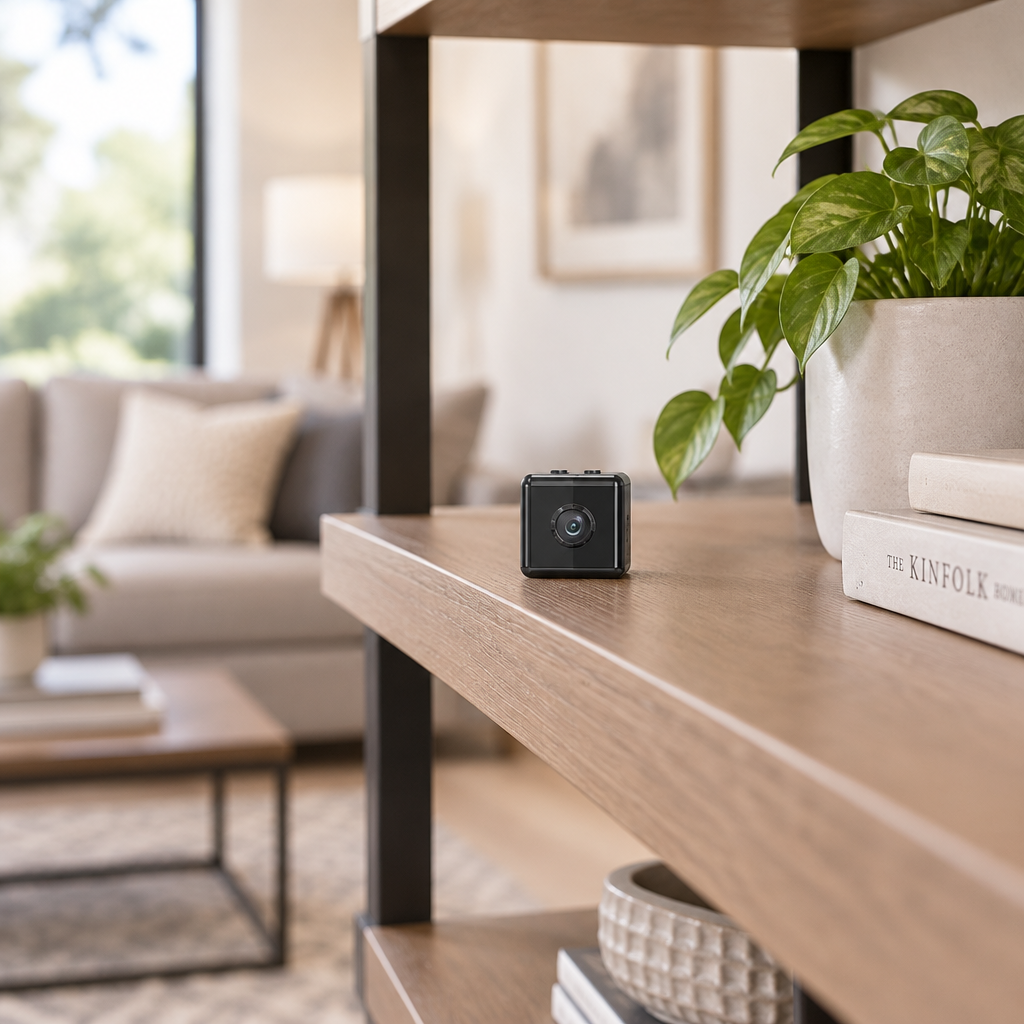 Small black cube camera sitting on a wooden shelf in a bright living room 1