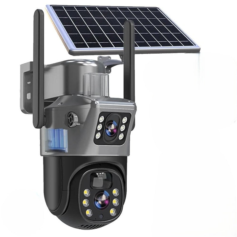 Dual-lens camera with solar panel and two antennas, shown alone against a plain white background 2