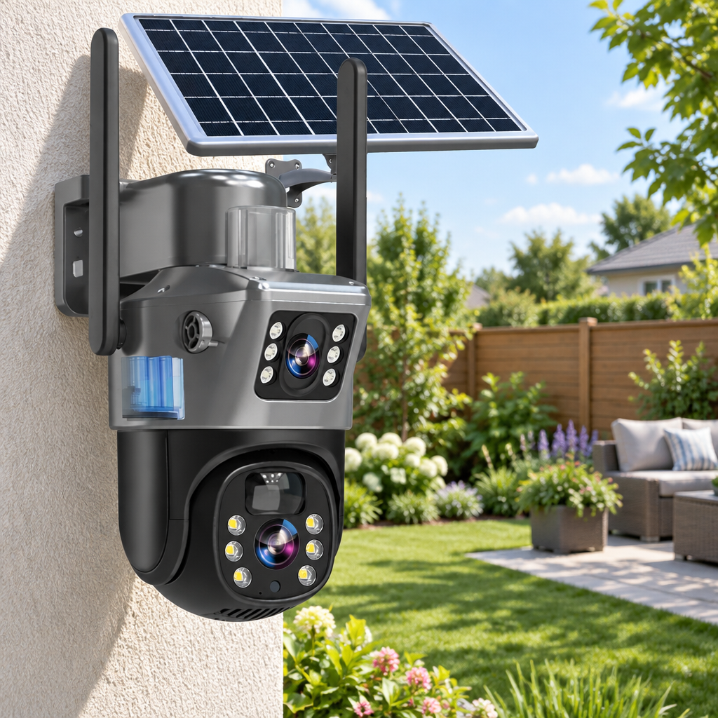 Dual-lens solar camera mounted on a stucco wall above a sunny backyard garden with patio furniture 1