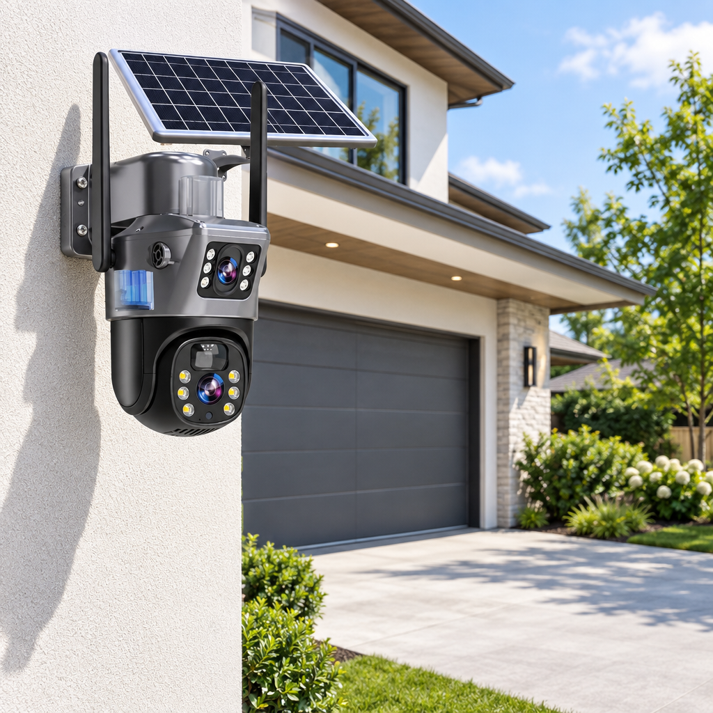 Dual-lens solar camera mounted on a white stucco wall beside a suburban home's garage 1