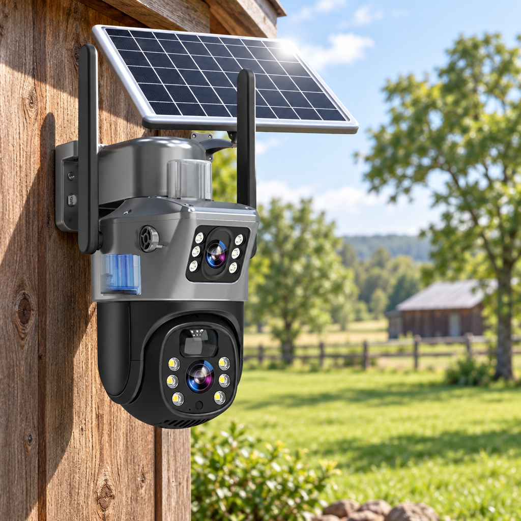 Dual-lens camera with solar panel mounted on a wooden barn wall overlooking a sunny pasture 1