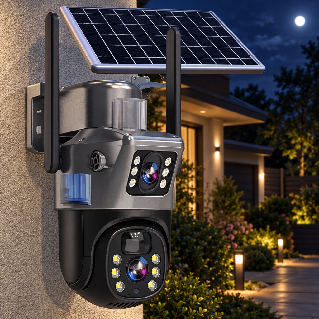 Dual-lens solar camera mounted on a stucco wall at night, with a moonlit garden behind 1