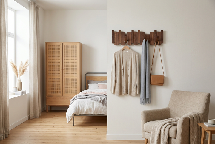 Dark wooden rack with folded hooks on a bedroom wall, holding a cardigan, scarf and crossbody bag 1