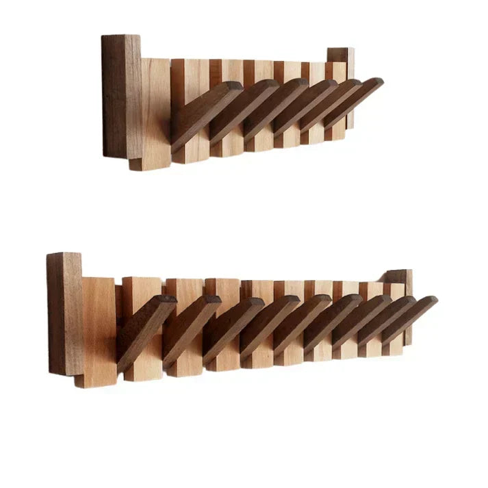 Two racks of different lengths with light slats and dark hooks, all hooks swung outward 10