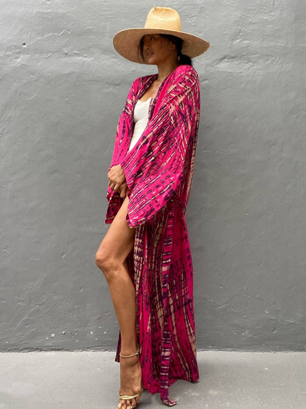 Woven kimono with tie belt – Leona-Pink-One size fits all-Nora Luxe