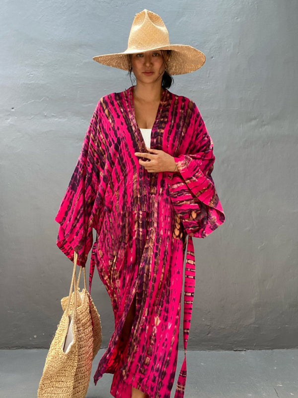 Woven kimono with tie belt – Leona-Pink-One size fits all-Nora Luxe