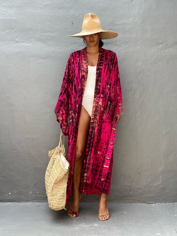 Woven kimono with tie belt – Leona-Red-One size fits all-Nora Luxe